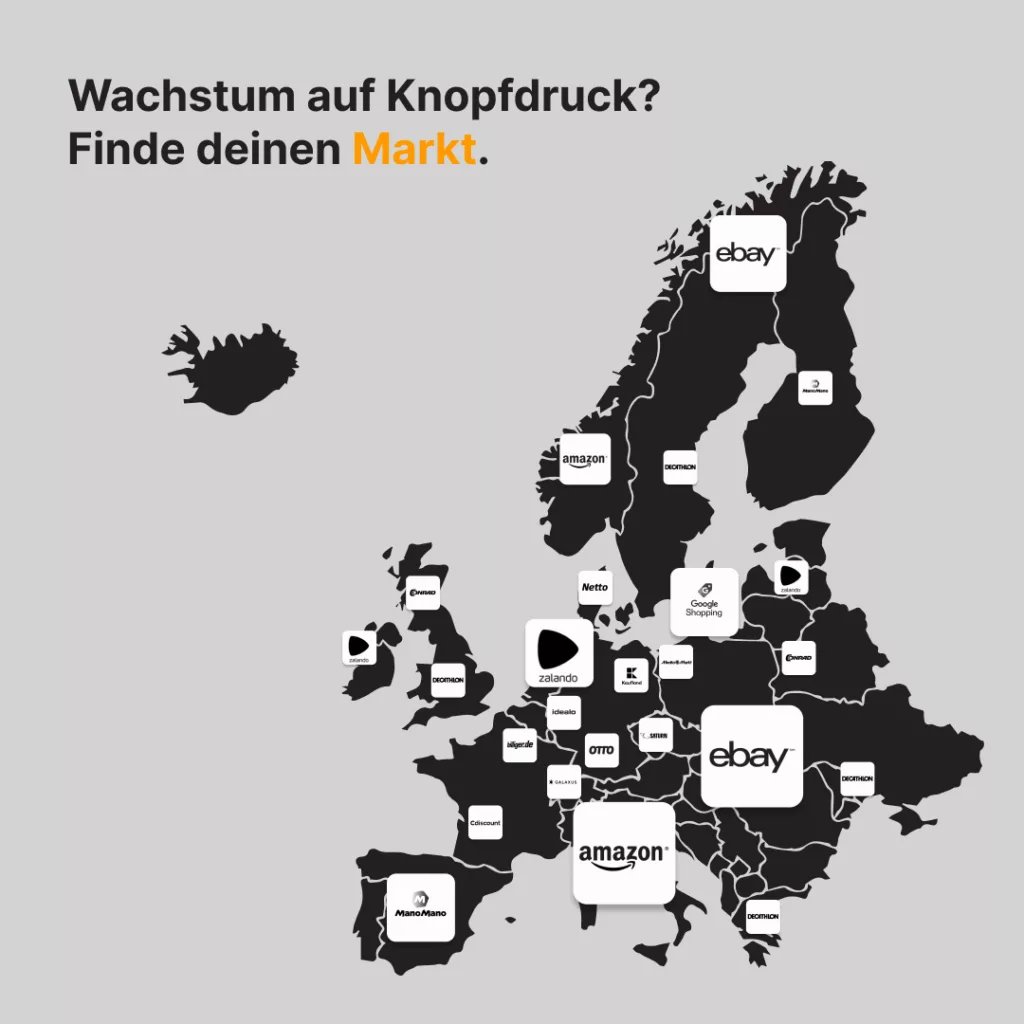 Eine schwarze Europa-Landkarte ist mit Marktplatz-Logos bespickt.