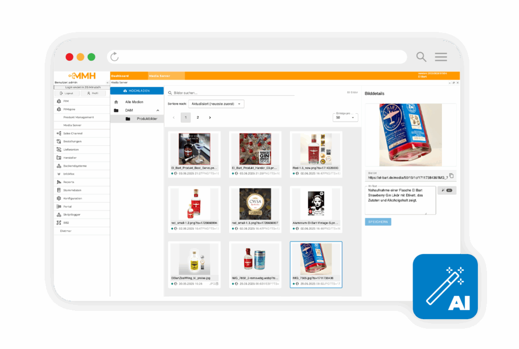 Produktbilder im Backend die eine Alt-Text-Beschriftung per KI bekommen.