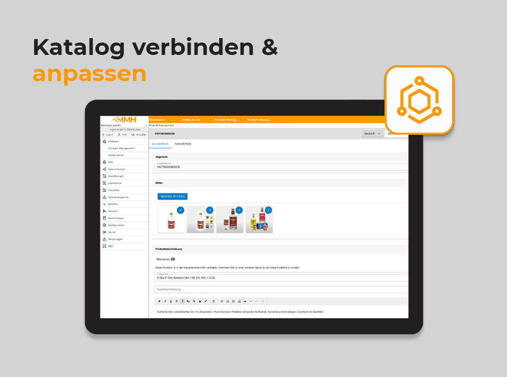 Screenshot aus der PIMspire Software mit der Überschrift Kataloge verbinden & anpassen