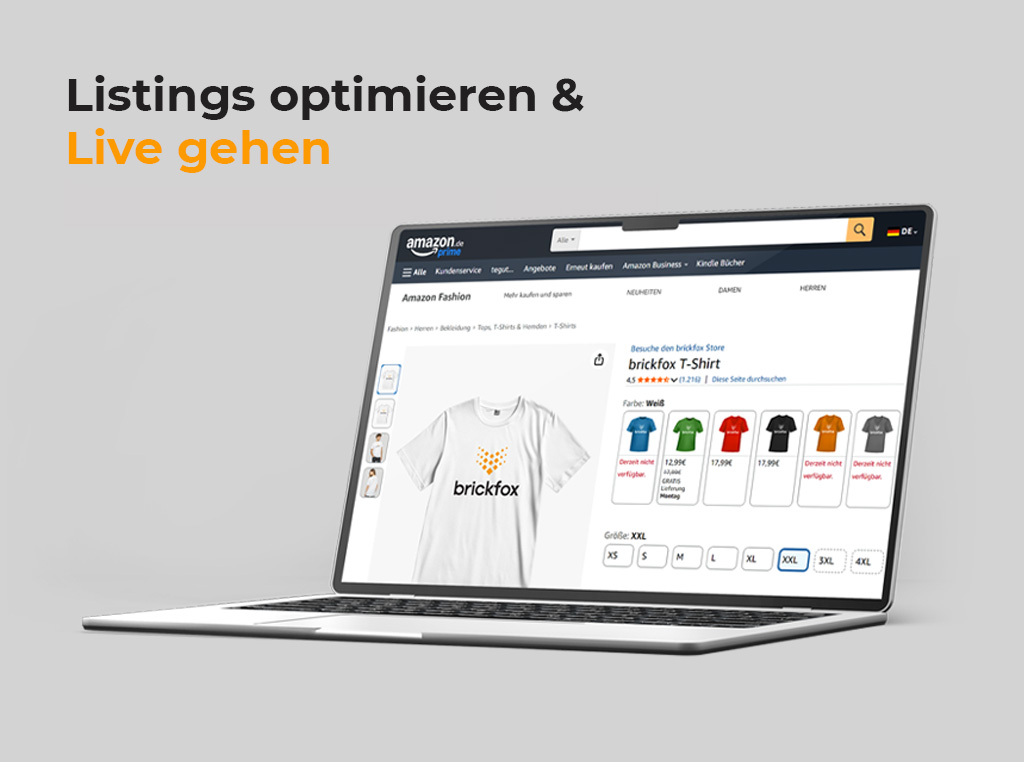 Laptop auf dem Amazon geöffnet ist und ein Tshirt mit der Aufschrift brickfox zeigt