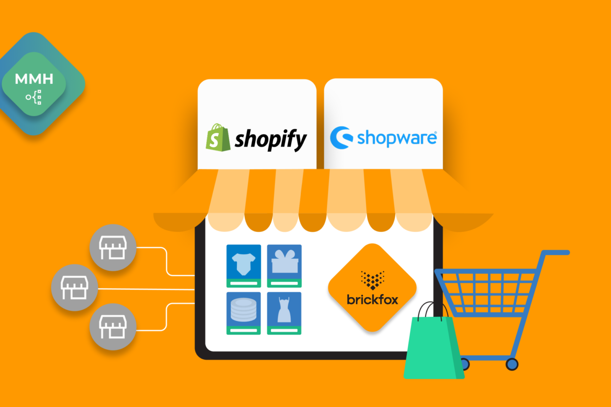 Darstellung eines kleinen Kaufladens mit Einkaufswagen und Logos von shopify, shopware und brickfox.