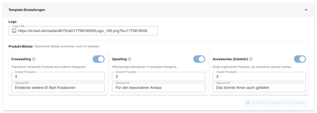 Eingabemaske um verschiedene Template-Anpassungen vorzunehmen.