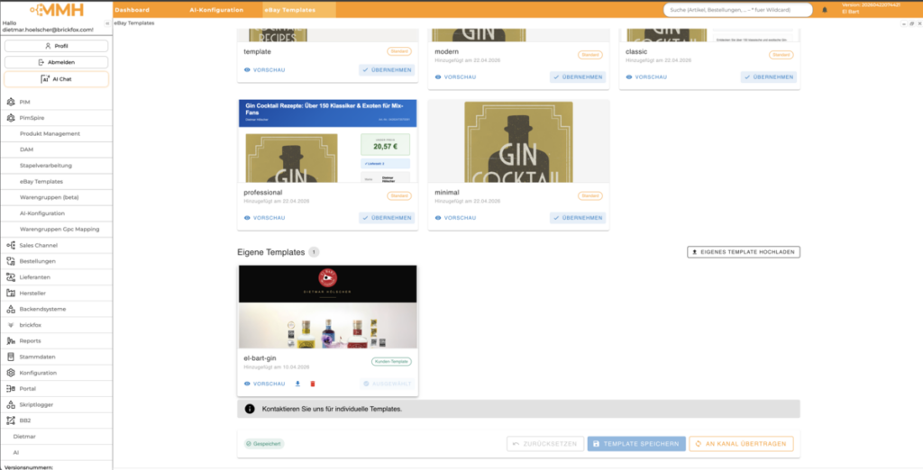 mmh Backend, indem man verschiedene Templates auswählen kann.