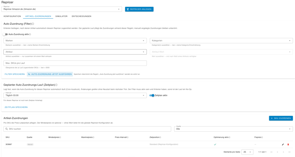 Filterfunktionen im Repricer Backend