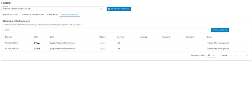 Repricing-Entscheidungen im Backend