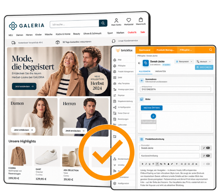 GALERIA.de und brickfox Produktmanagement mit orangefarbenem Haken