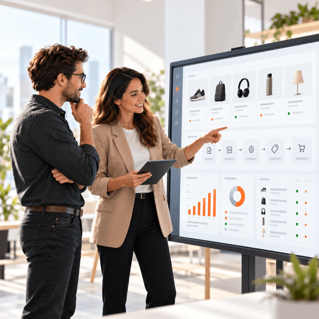 Zwei Personen arbeiten gemeinsam an Produktdaten vor einem großen digitalen Touch-Display